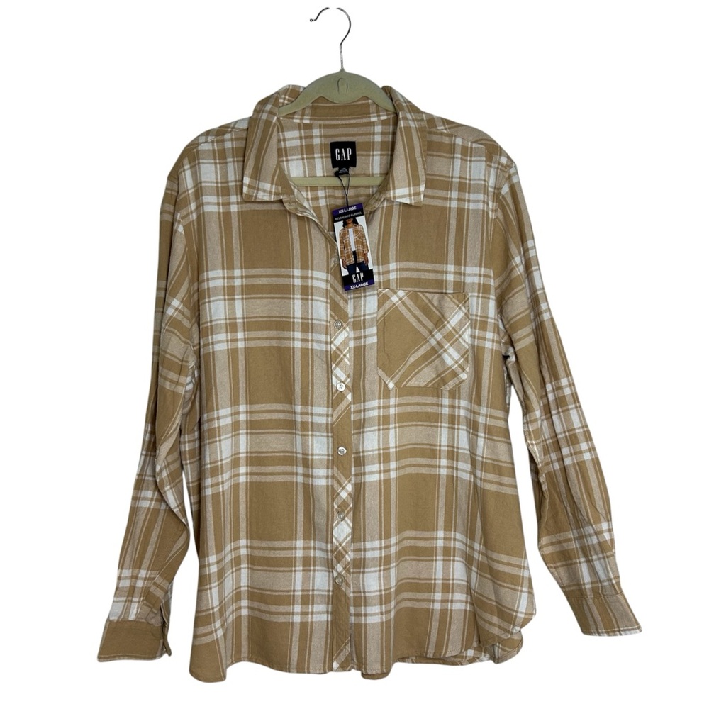 Gap Women Cotton Tan White Plaid Relaxed Fit Flannel Buttons Versatile Shirt XXL